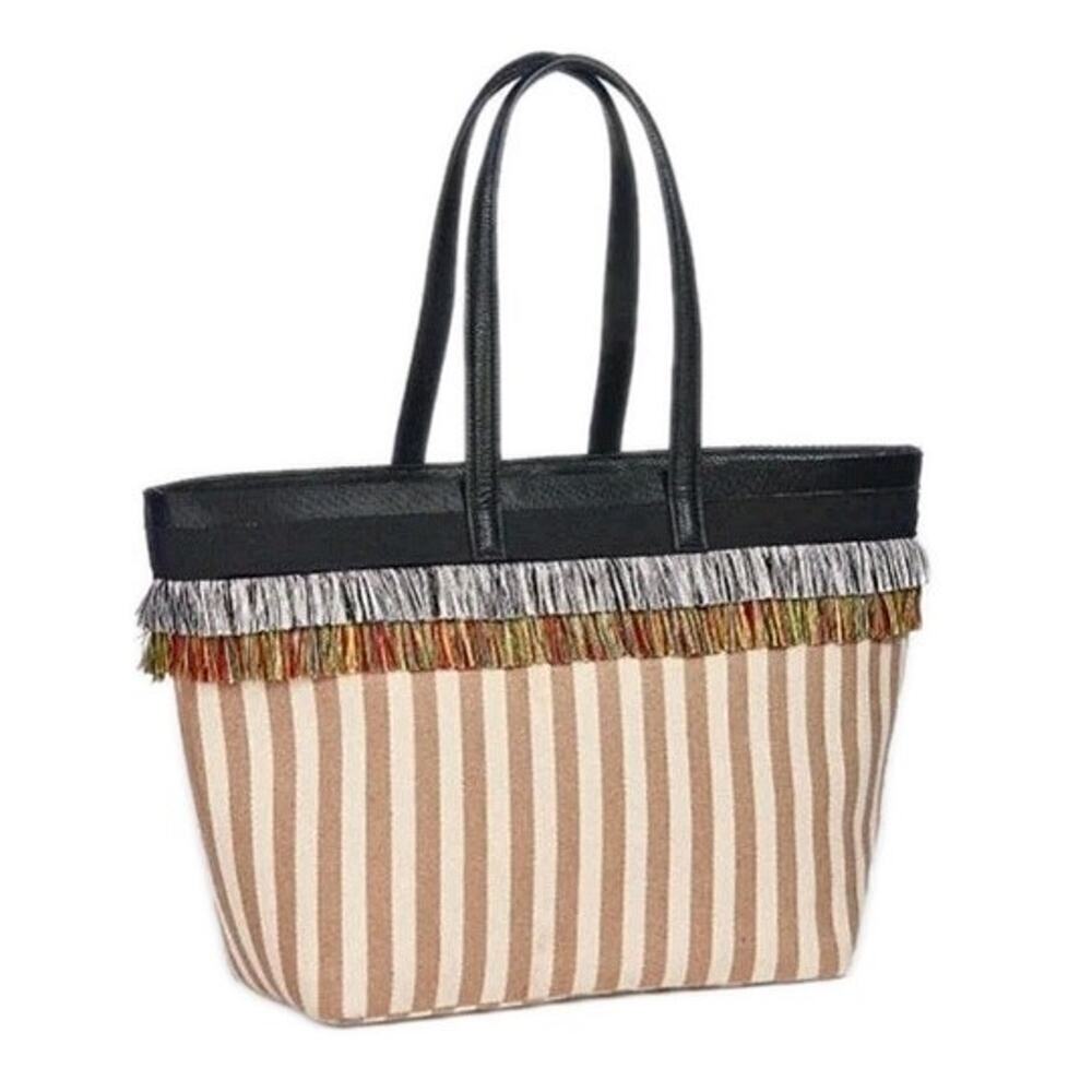 Fabletics The Riviera Large Woven Canvas Tote Fringe Beach Coastal Boho Everyday
